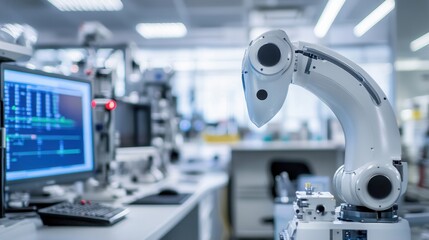 Fototapete - High-tech robot engaged in research and development activities within an advanced laboratory environment showcasing blinking lights and computer interfaces