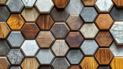 Fototapete - Unique arrangement of hexagonal tiles showcasing various textures and colors in a modern interior design setting