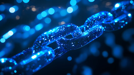 Digital Chain: Capturing the interconnectedness of the digital world, a glowing chain shimmers against a dark backdrop, representing blockchain technology and data security.