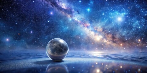 Wall Mural - a reflective sphere rests on a serene, icy plain under a breathtaking expanse of cosmic dust and twi