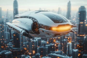 Poster - Stylish futuristic spaceship hovers over a sleek cityscape with a glowing engine illuminating the urban skyline during twilight