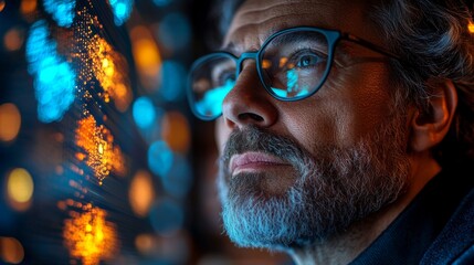 Aufkleber - A glasses-wearing person studies quantum computing concepts like qubits and decoherence, analyzing datasets and optimization techniques in a dimly lit room with soft blue and orange lights.