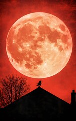 Wall Mural - a shadowy rogue leaping across rooftops under a blood-red moon