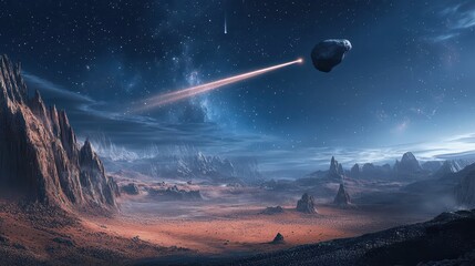 Wall Mural - a vast alien landscape features a starry sky and floating rock