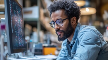 Fototapete - A person is deeply focused on a computer display showcasing quantum computing elements like qubits and entanglement. This workspace emphasizes technological advancement and security protocols.