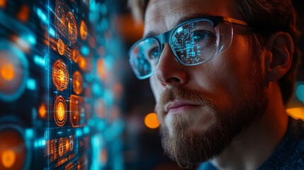Fototapete - A focused individual with glasses engages deeply with a digital interface displaying quantum algorithms and neural network visualizations.