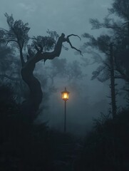 Poster - Eerie fog envelops a dark forest with a glowing street lamp illuminating twisted trees