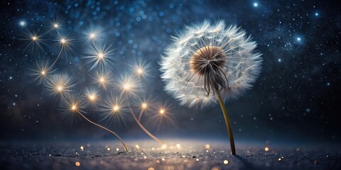 Wall Mural - Magical Dandelion Seeds Glowing in the Night Sky, a Whimsical Fantasy Scene of Nature's Beauty and Wonder