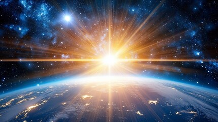 Wall Mural - A stunning cosmic scene with earth glowing beneath a burst of stellar light