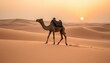 © Dollar - Camel Walking in the Desert at Sunset Landscape, Sand Dunes and Bright Sun