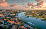 Aerial view of Szeged with Tisza river bridge, Mora museum, downtown historic center in Southern Hungary