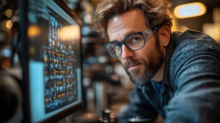 Fototapete - A researcher observes qubit dynamics on a digital display, focusing on quantum states like superposition and entanglement. The lab environment is illuminated with soft lighting.