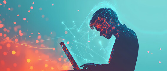 Digital Connection: A silhouette of a person deeply engrossed in work on a laptop, interwoven with an abstract network of glowing lines and dots.