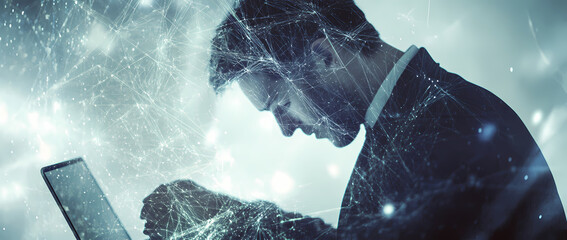 Innovation at the Forefront: A focused man working diligently on his tablet, connected with a digital interface. Capturing the fusion of intellect, technology and modern business.