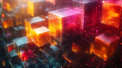 Aufkleber - Brightly colored blocks depict the concepts of quantum computing. These structures represent qubits, superposition, and entanglement in a vibrant and futuristic environment.