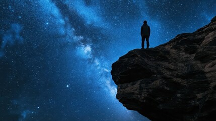 Wall Mural - person standing atop a rock facing a beautiful starry sky