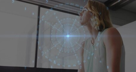 Wall Mural - in office, woman surrounded by animation of digital data visualization