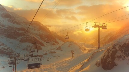 Poster - Gondolas glide across a snowy landscape as the sun sets behind the mountains, casting a warm golden light over the serene winter wonderland.