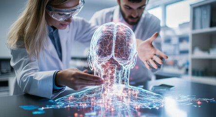 Aufkleber - Interns engage in a hands-on training session focused on medical technology. They manipulate a holographic model representing complex human anatomy in a modern lab setting.