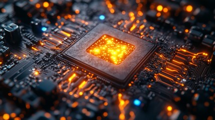 Fototapete - Detailed examination of advanced quantum computing technology showcasing a central processing unit surrounded by intricate circuitry. The vibrant orange glow represents data flow and computation.
