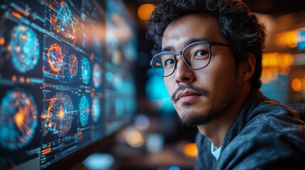 Leinwandbilder - A person examines complex quantum computing visualizations, showcasing qubits, superposition, and entanglement on multiple screens in a modern laboratory.