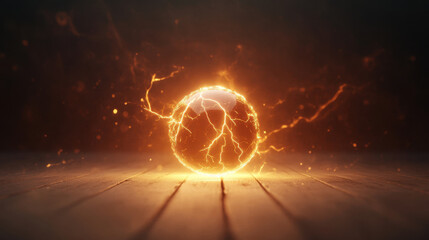 Wall Mural - glowing ball of lightning energy emits sparks and illuminates dark wooden surface, creating captivat