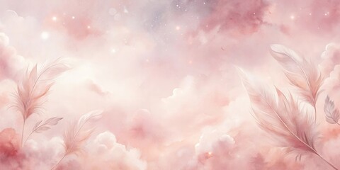 Wall Mural - Serene Pink Sky with Delicate Floating Feathers A Dreamlike Pastel Background Image