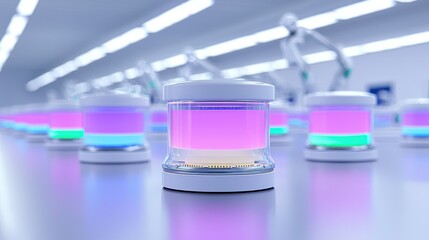 futuristic array: cylindrical containers illuminated with vibrant, multi-colored gradients are array