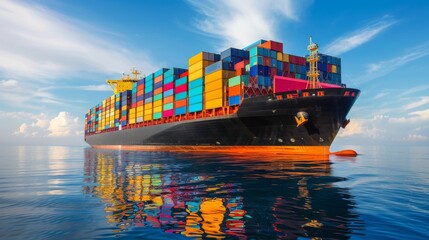 Aufkleber - A substantial container ship sails smoothly through calm waters under a bright sky, showcasing an array of colorful shipping containers stacked high on its deck.