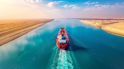 Aufkleber - A cargo ship moves steadily through the Suez Canal, with clear blue waters reflecting the sky and desert land on either side under a sunny atmosphere.