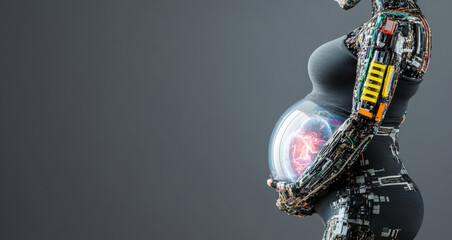 Poster - A robotic woman stands sideways, showcasing a transparent womb containing an embryo. The figure exhibits futuristic elements with intricate circuitry and technology, merging biology and innovation.
