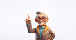 © joeycheung - An elderly cartoon man with glasses and gray hair points upwards with his index finger, suggesting an idea or solution on a plain backdrop.