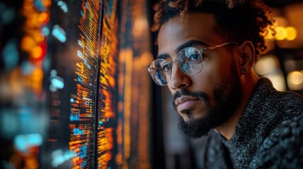 Aufkleber - A focused individual analyzes complex quantum computing data on a digital display, emphasizing concepts like qubit, superposition, and entanglement.