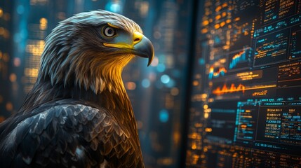Leinwandbilder - A striking eagle stands in front of a colorful screen filled with financial data and city lights. The setting creates a fascinating contrast between nature and technology at night.