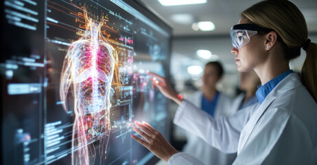 Aufkleber - Interns in white coats engage with advanced digital displays showcasing human anatomy. They focus on vital systems aimed at enhancing their medical knowledge and skills during the training session.