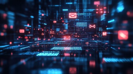 Digital landscape of emails and data streams. Abstract concept of online communication and information overload.
