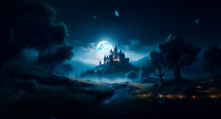 Wall Mural - a majestic castle is perched on a hill, illuminated by a bright full moon in the dark night. fog and