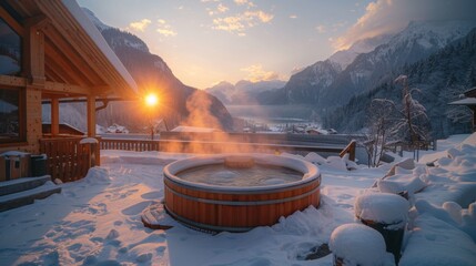Poster - A warm hot spring fills a wooden tub on a snowy terrace as the sun sets behind majestic mountains, casting a serene glow and creating a tranquil winter escape.