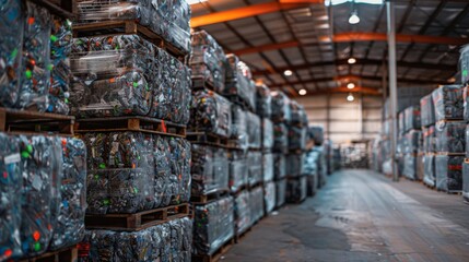 Aufkleber - Inside a large industrial warehouse, numerous bales of recyclable materials are neatly stacked on wooden pallets, showcasing a commitment to sustainability and waste management.