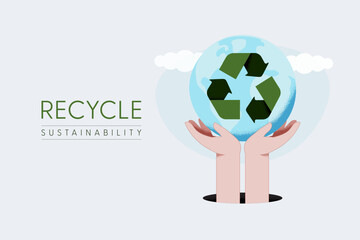Aufkleber - Hand holding Earth globe with recycle symbol. Earth Day, World Environment Day. Recycle concept. Sustainable ecology and environment conservation concept design. Vector illustration.