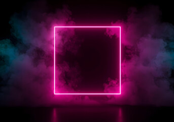 Wall Mural - Glowing neon pink square with vibrant blurry abstract background.