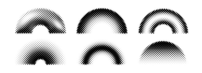 Black halftone arch collection. Different pixelated gradient arc set. Dotted pop art curve element bundle for collage, graphic design template, banner, poster, flyer. Vector comic bitmap warp pack
