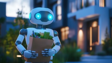 Poster - Friendly robot delivers groceries in a futuristic smart home with advanced technology at dusk