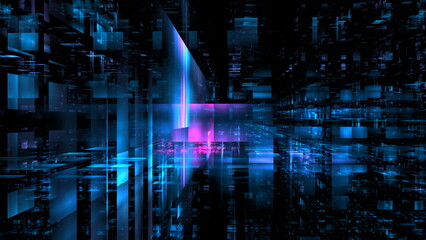 Wall Mural - bright blue and pink light beams intersect in a dynamic digital environment, surrounded by a myriad 