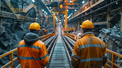 Aufkleber - Two workers stand on a platform looking toward machinery and conveyor belts in a large industrial setting illuminated by bright lights during the evening.
