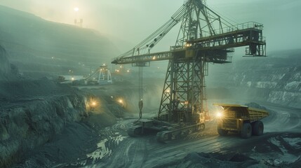 Aufkleber - Large mining equipment works diligently at a quarry, illuminated by artificial lights amidst fog. The environment highlights the scale and effort of mineral extraction during dusk.
