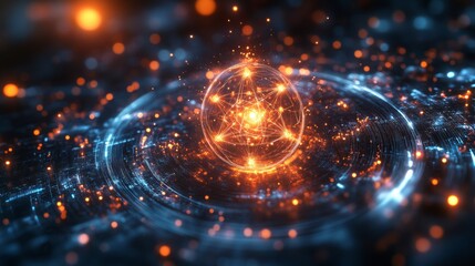 Fototapete - A glowing sphere represents a qubit, surrounded by bright particles and patterns that illustrate superposition and entanglement in a cosmic setting.