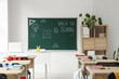 © Pixel-Shot - Interior of empty classroom with school desks and text BACK TO SCHOOL on chalkboard