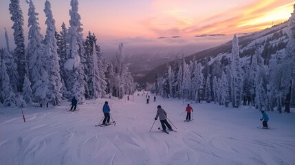 Poster - Various skiers navigate down a snow covered slope surrounded by tall, frosty trees as the sun sets, creating a vibrant backdrop and serene atmosphere.