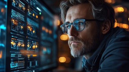 Leinwandbilder - A researcher focuses intently on complex quantum algorithms displayed on multiple monitors, analyzing data to enhance neural network optimization and regression techniques in a dimly lit workspace.